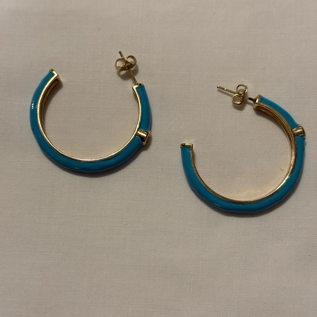 Turquoise Blue Gold-Toned Hoop Earrings With Enamel Finish